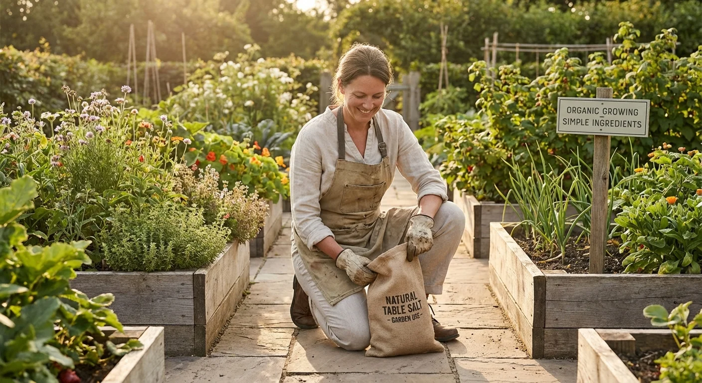 A gardener holding a bag of table salt in a lush, chemical-free backyard garden.