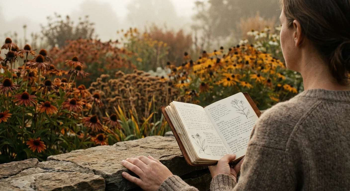 A gardener holding a journal while looking at garden beds in the quiet autumn mist.