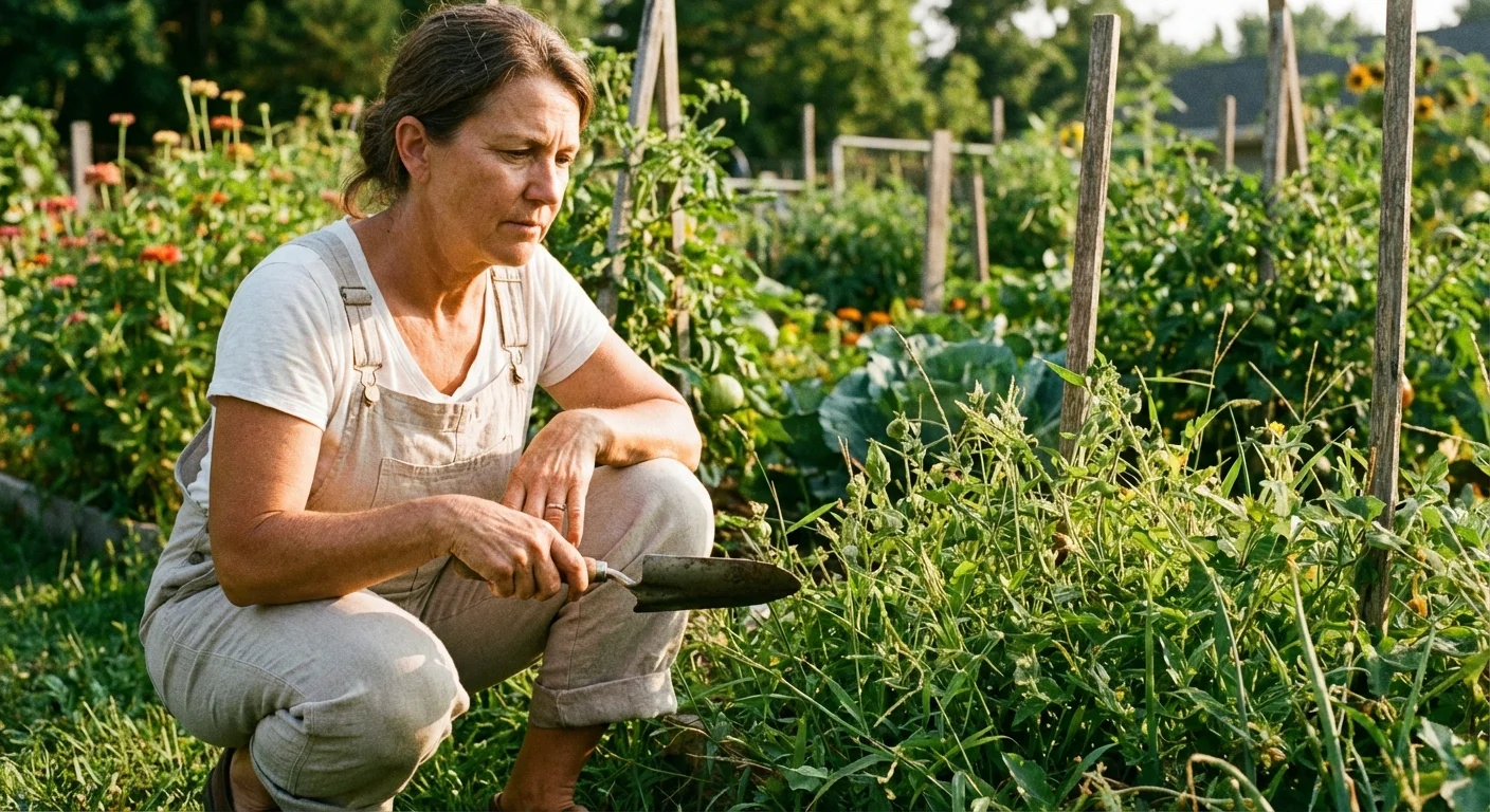 A gardener holding a trowel while looking at a patch of weeds in a sunny backyard.