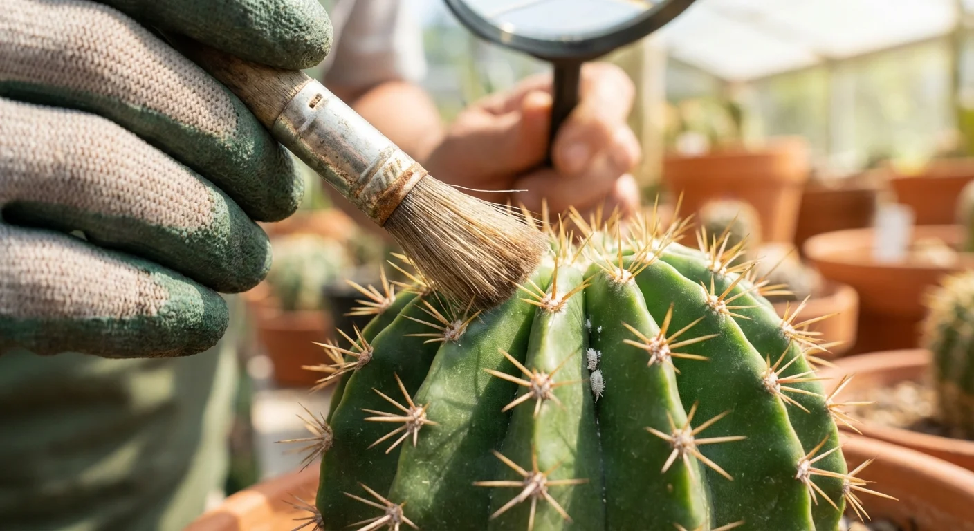 A gardener inspecting a cactus with a small brush for pests.
