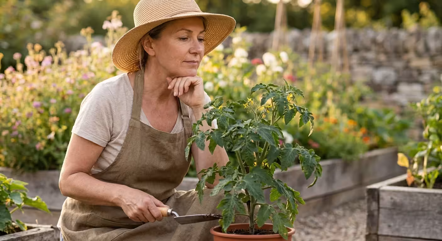 A gardener looking at a healthy plant in a sunny backyard garden.