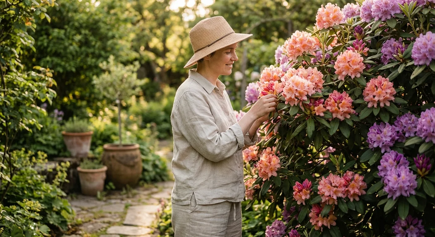 A gardener looking at a vibrant flowering shrub in a sun-drenched backyard garden.