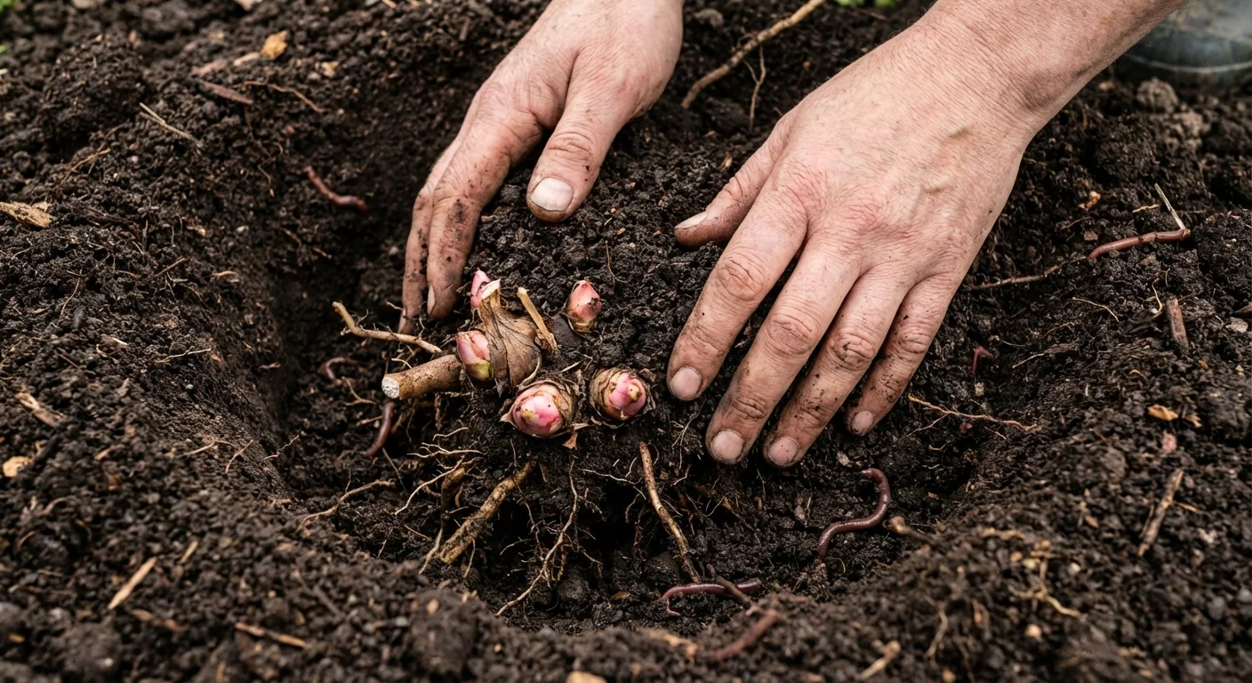 A gardener planting a peony root into rich, dark compost.