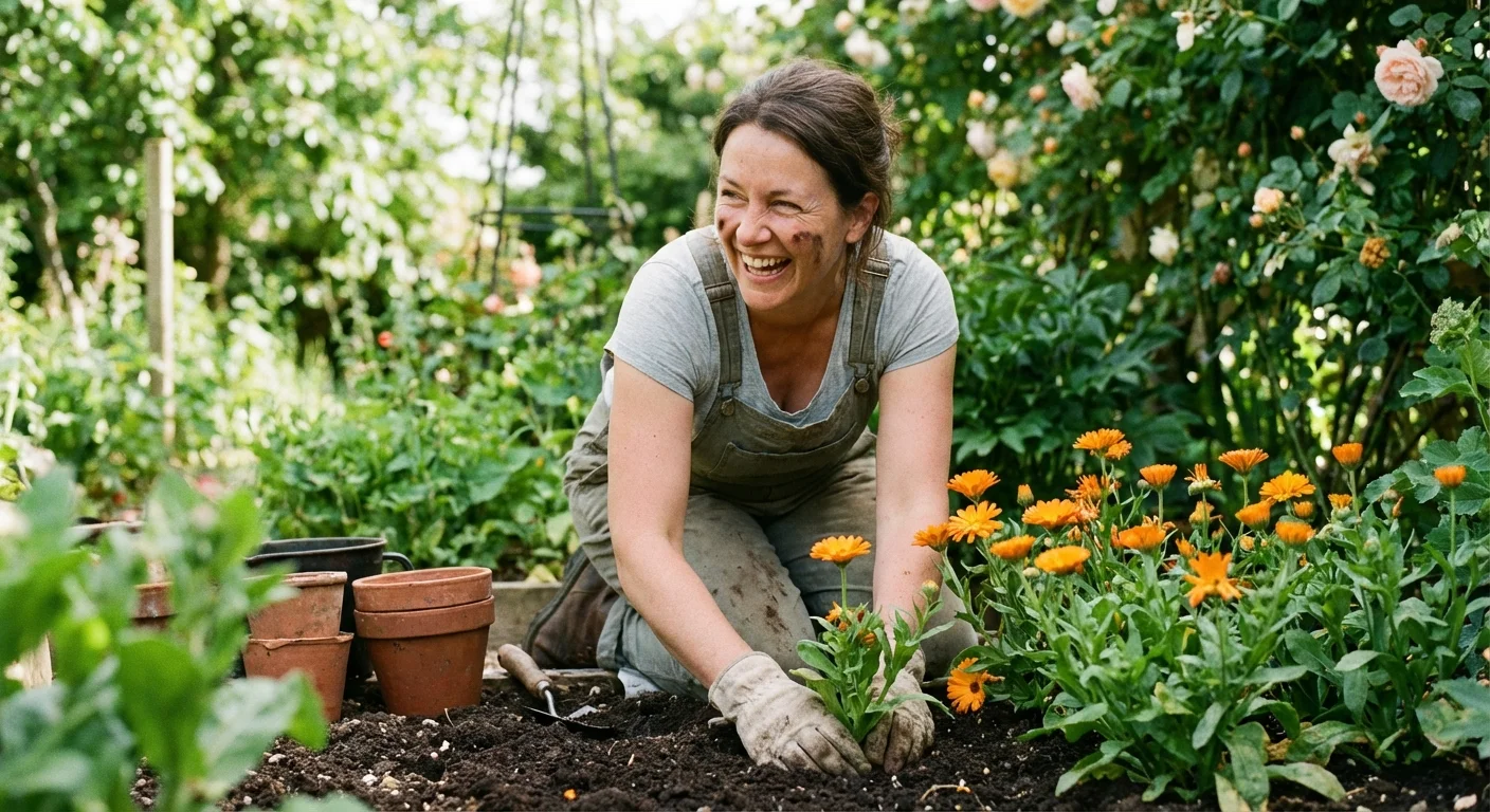 A gardener planting bright orange pot marigolds in a sunny garden bed.