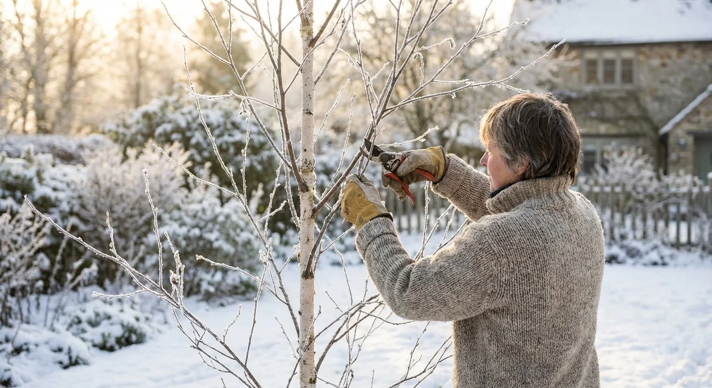 A gardener pruning a birch tree in a snowy winter garden during a bright morning.