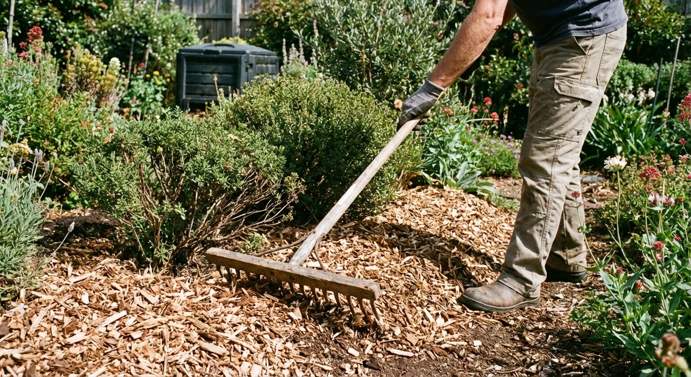 A gardener raking fresh wood chips as mulch around garden plants.