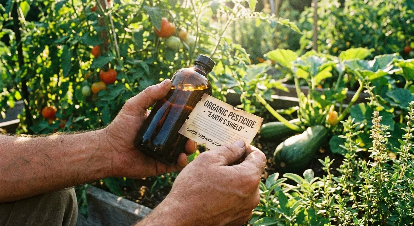 A gardener reading a label on a bottle in a vegetable garden.
