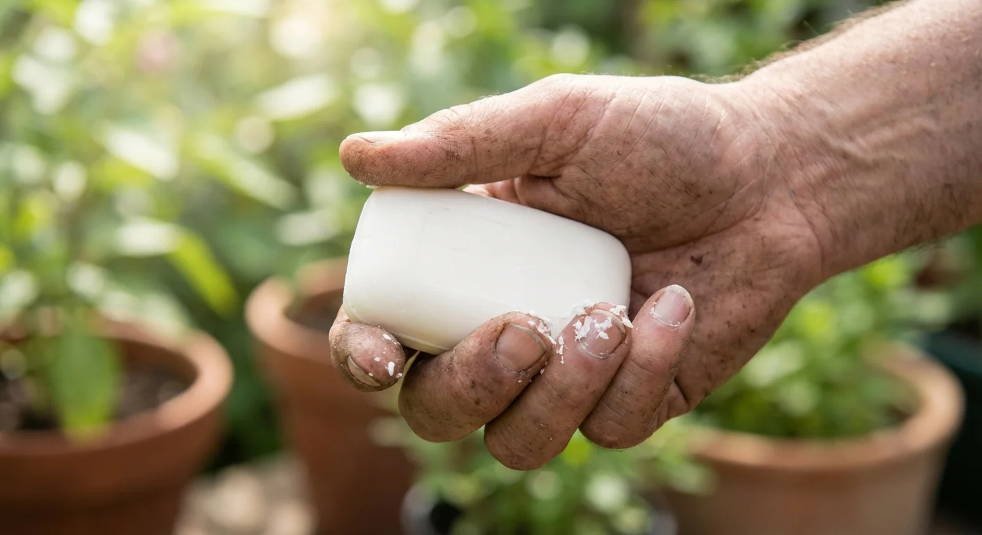 A gardener scraping a bar of soap to protect their fingernails.