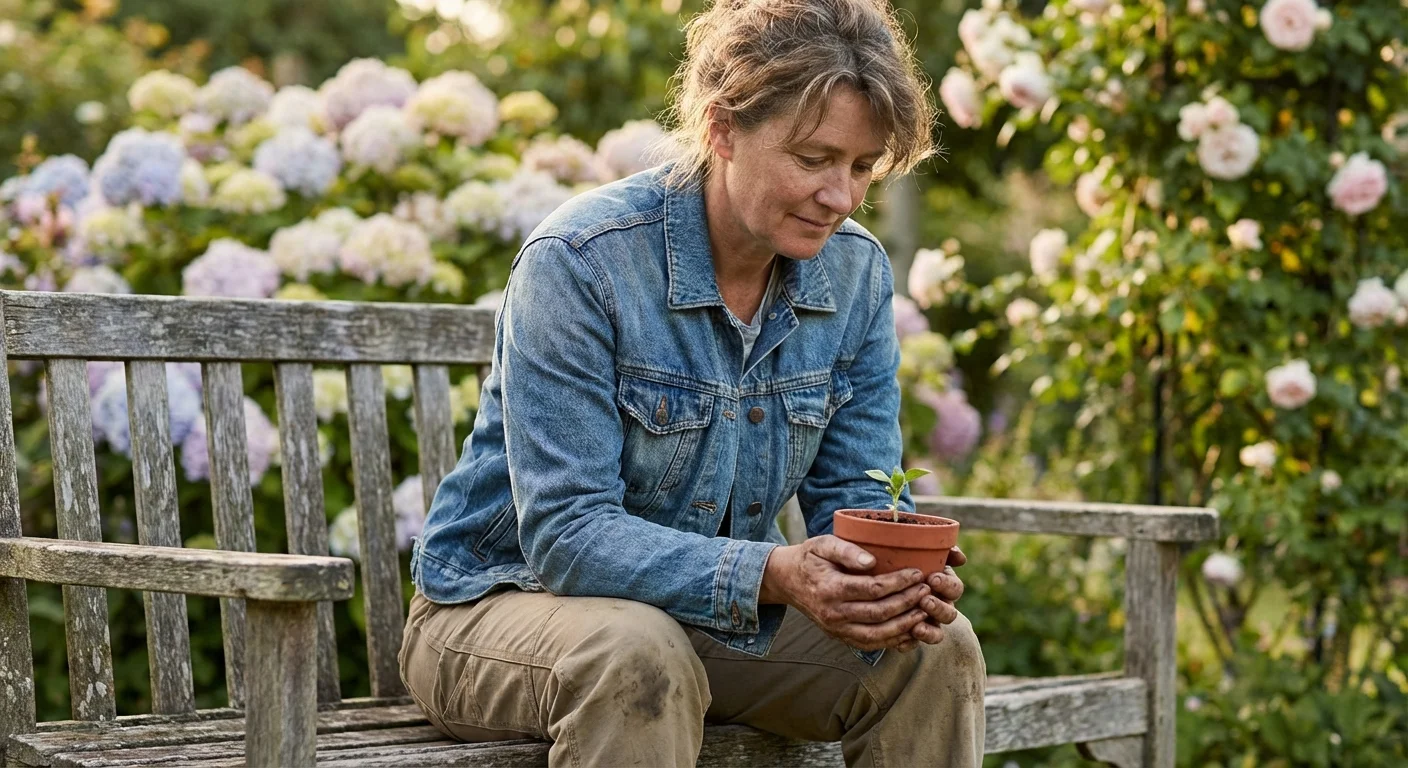 A gardener sitting and reflecting while looking at a small plant sprout.