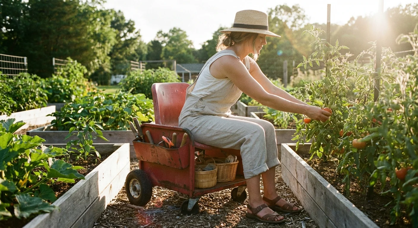 A gardener sitting on a rolling work seat while tending to vegetables.