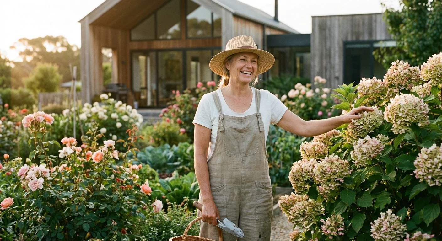 A gardener smiling while looking at their healthy, thriving shrubs in a beautiful backyard.