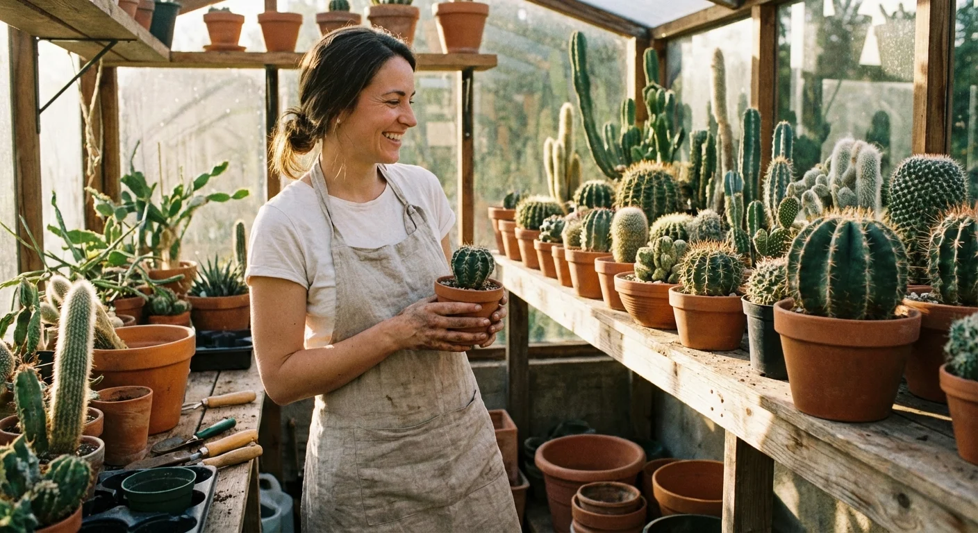 A gardener smiling while tending to a shelf of healthy cacti.