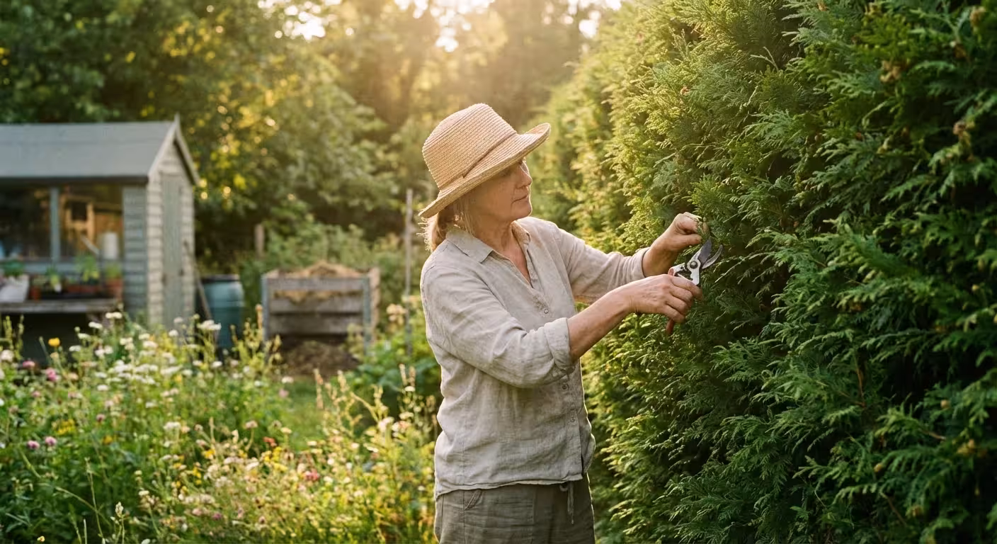 A gardener tending to a thick green privacy hedge in a sunny backyard.