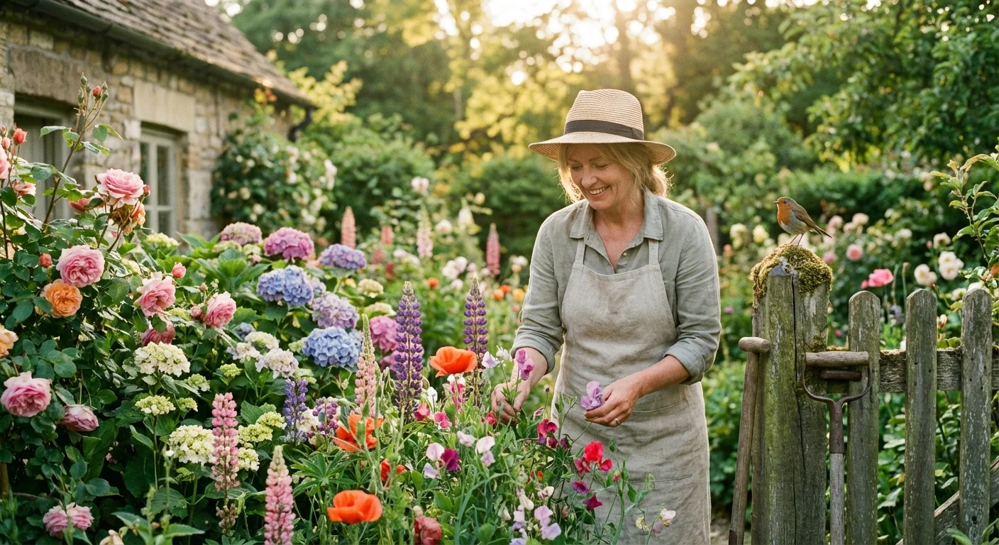 A gardener tending to colorful flowers in a lush, bird-friendly backyard.