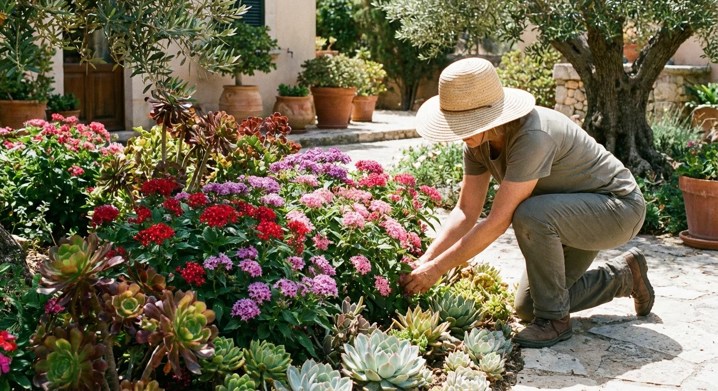 A gardener tending to heat-tolerant flowers in a bright, sunny backyard garden during summer.
