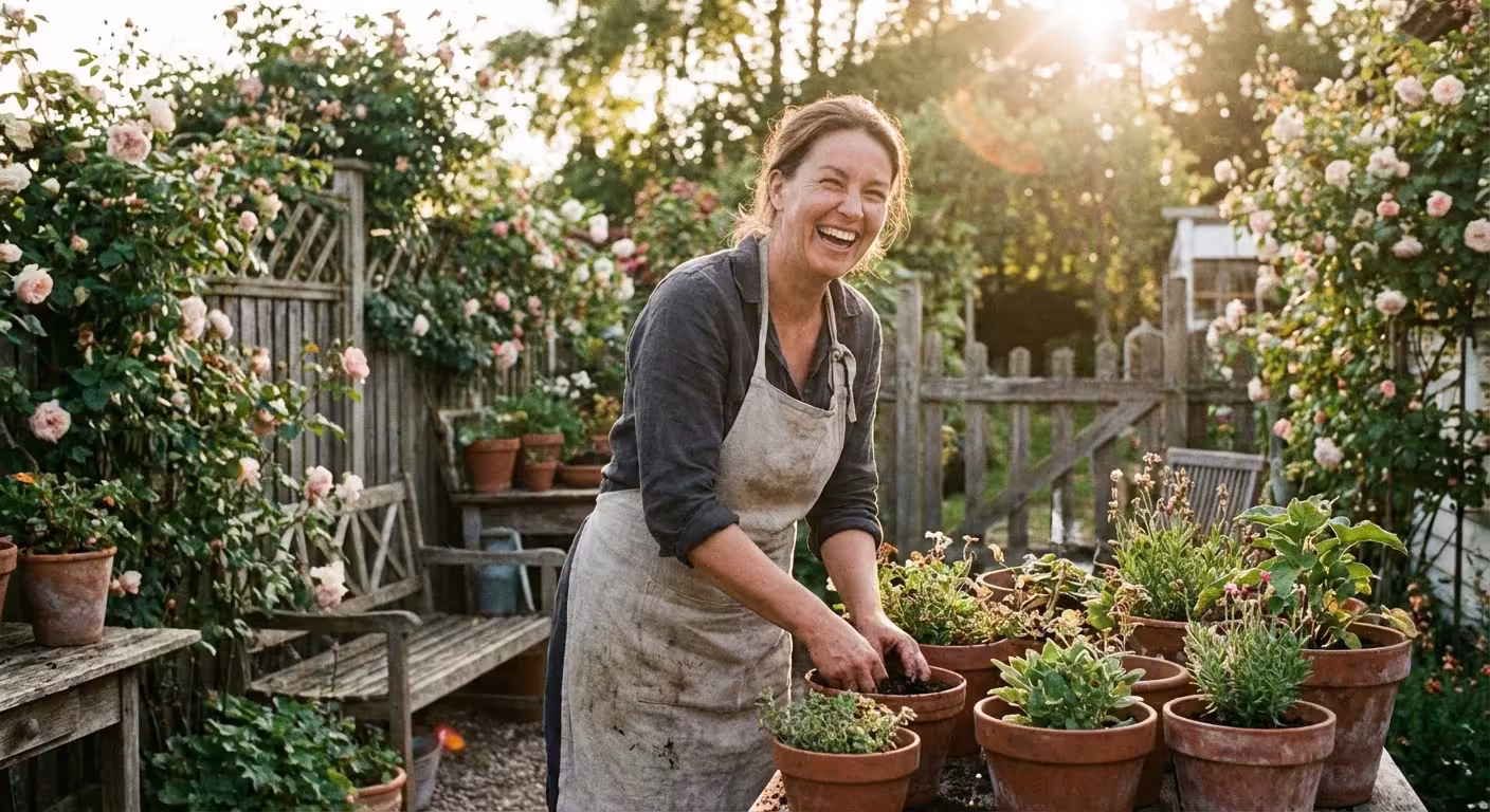 A gardener tending to plants in a rustic backyard setting with warm golden sunlight.