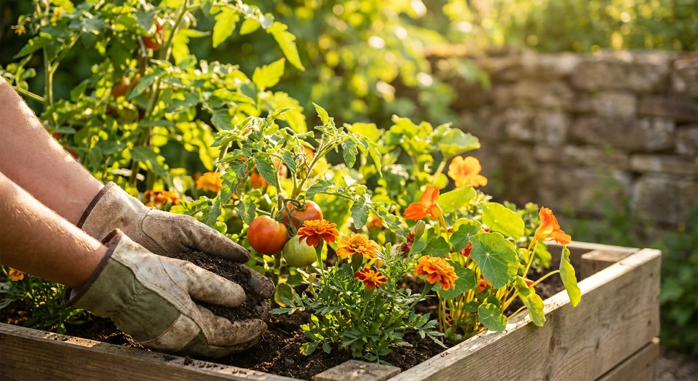 A gardener tending to vibrant, sun-soaked plants in a bright garden bed.