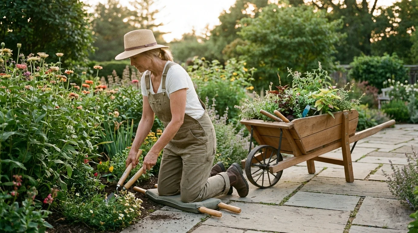 A gardener uses a supportive garden kneeler and seat to tend to flowers comfortably.