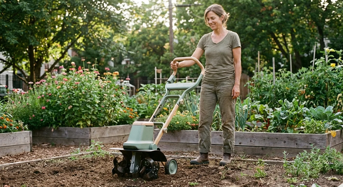 A gardener using a cordless electric tiller in a garden plot.