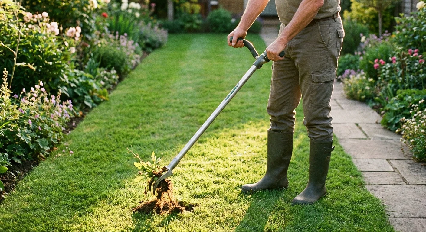 A gardener using a stand-up weeding tool on a green lawn.