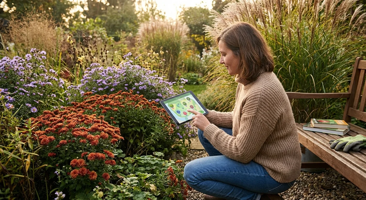 A gardener using a tablet to check a plant hardiness zone map outdoors.