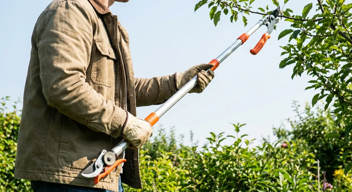 A gardener using long-reach shears to prune a tree while standing straight.