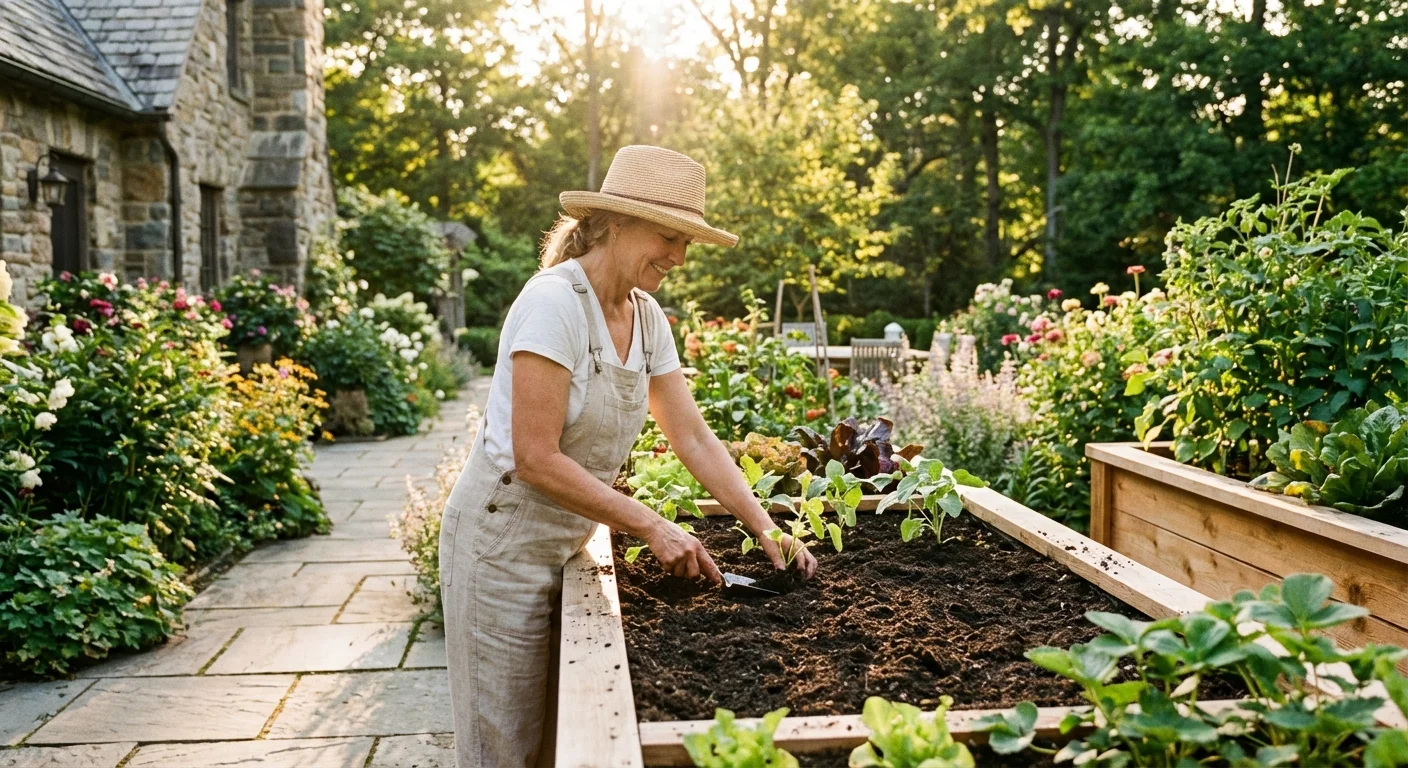 A gardener working at a waist-high raised wooden garden bed.