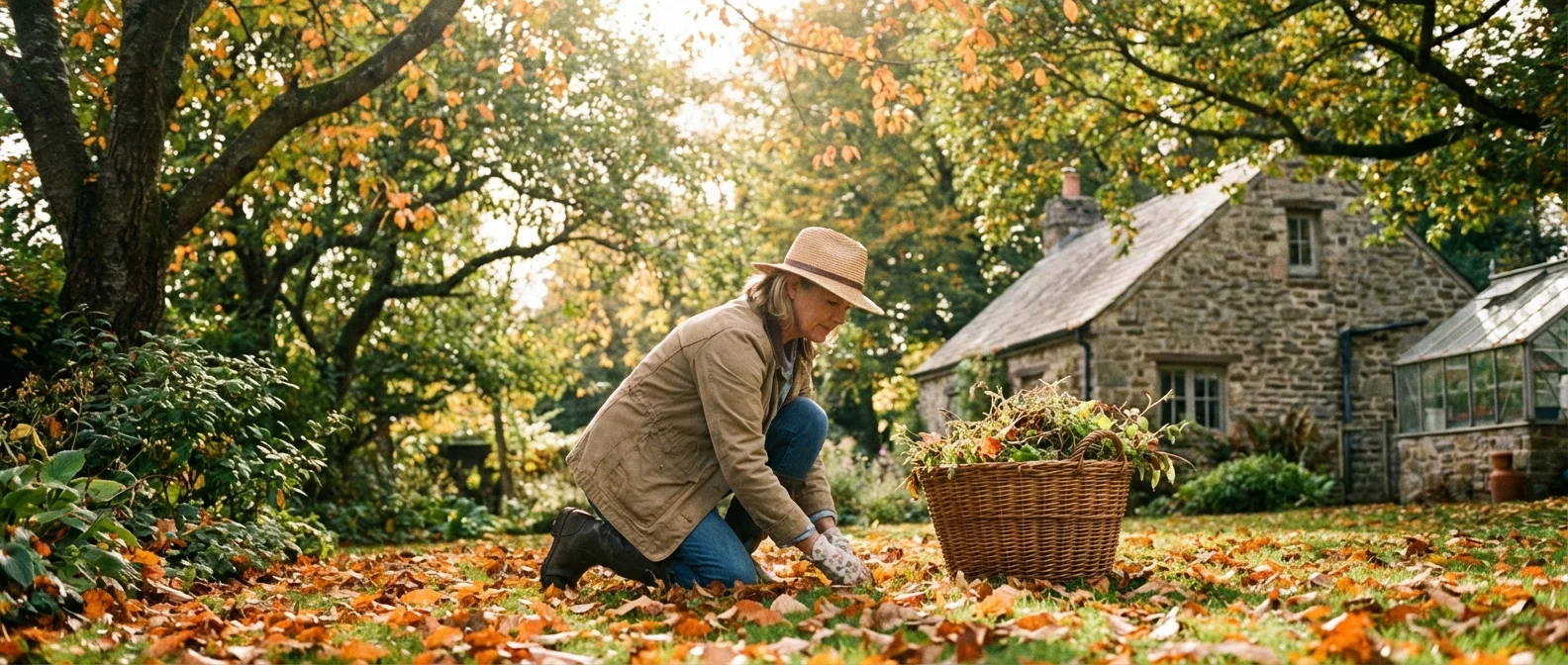 A gardener working in a backyard filled with autumn leaves and garden tools.