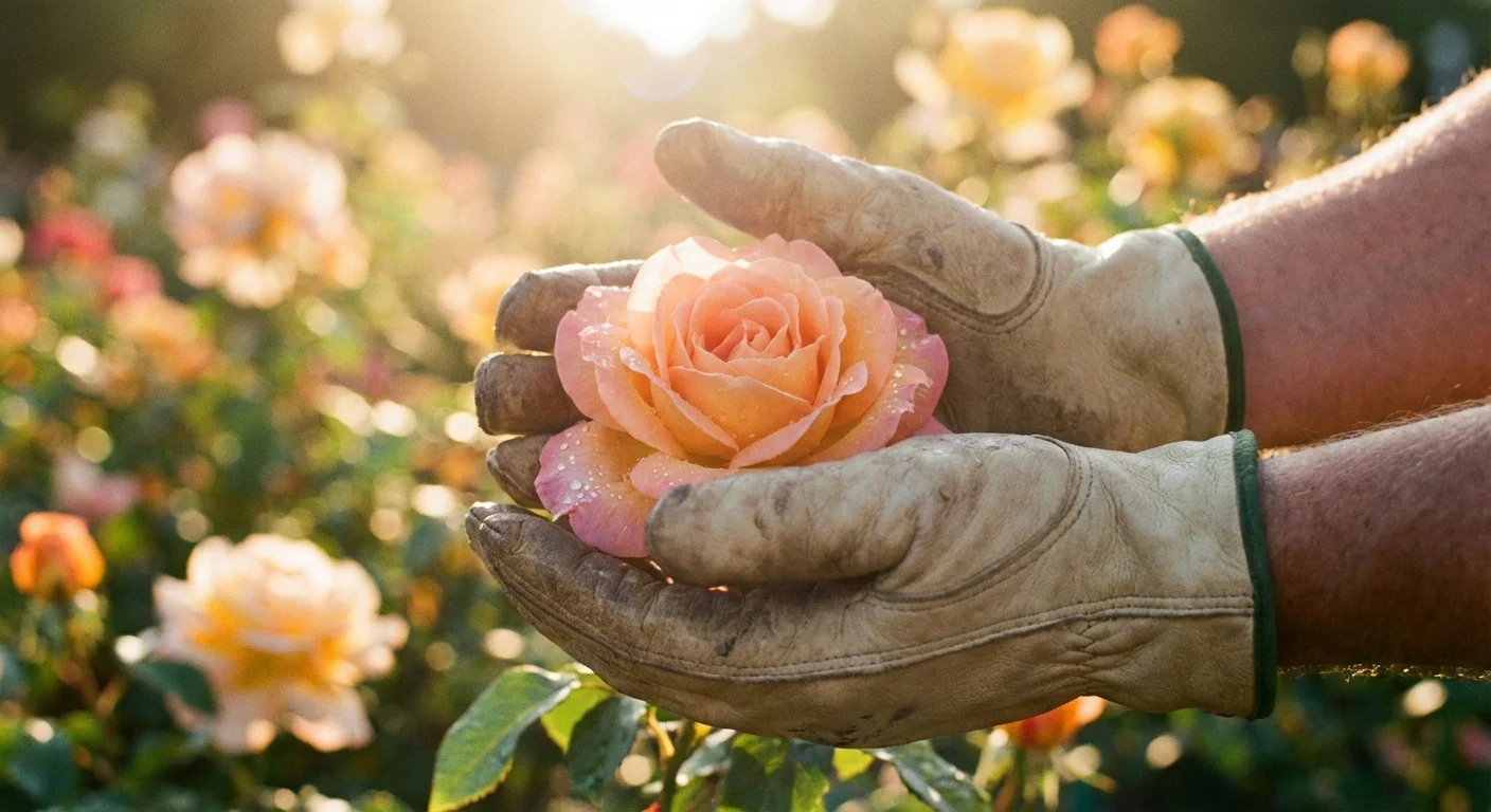 A gardener's hands carefully checking a healthy flower for pests in a sunny garden.