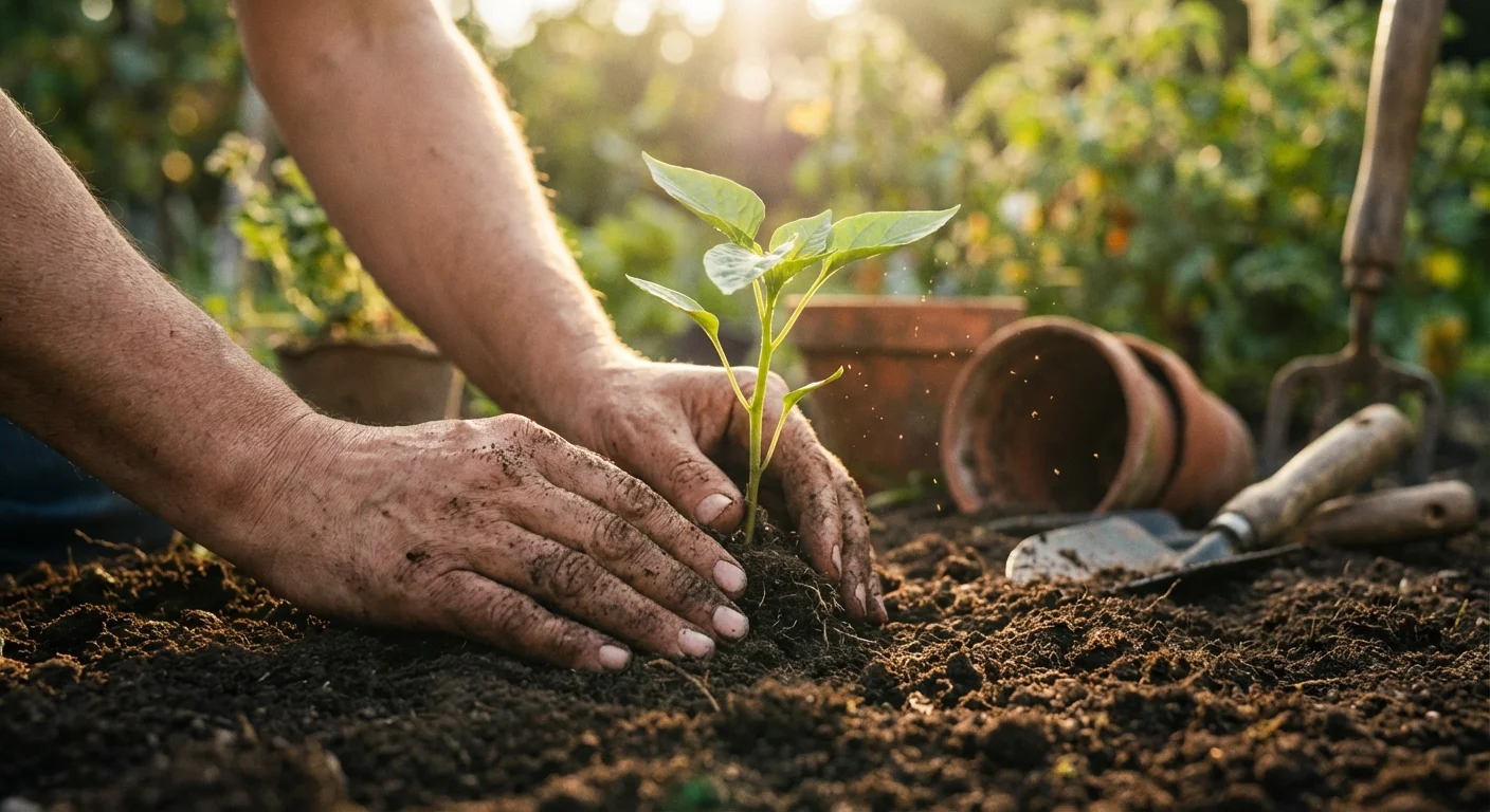A gardener's hands planting a small green sprout in rich dark soil during golden hour.