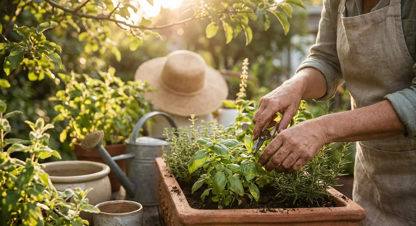 A gardener's hands tending to small herb plants in a sunny outdoor garden bed.