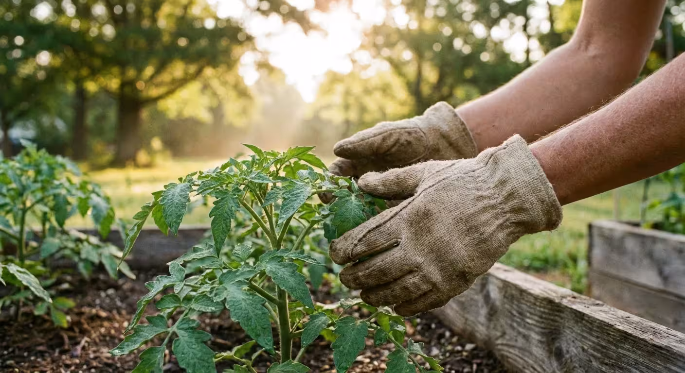 A gardener's hands tending to vibrant green foliage in a sunny, peaceful Virginia backyard.