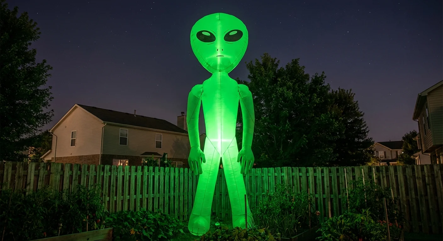 A giant 9-foot inflatable green alien in a backyard at night.