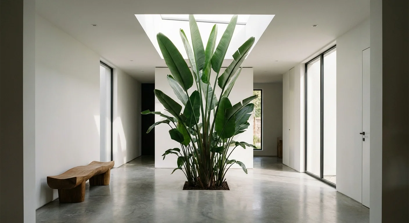 A giant Bird of Paradise plant with large leaves reaching toward a ceiling window.