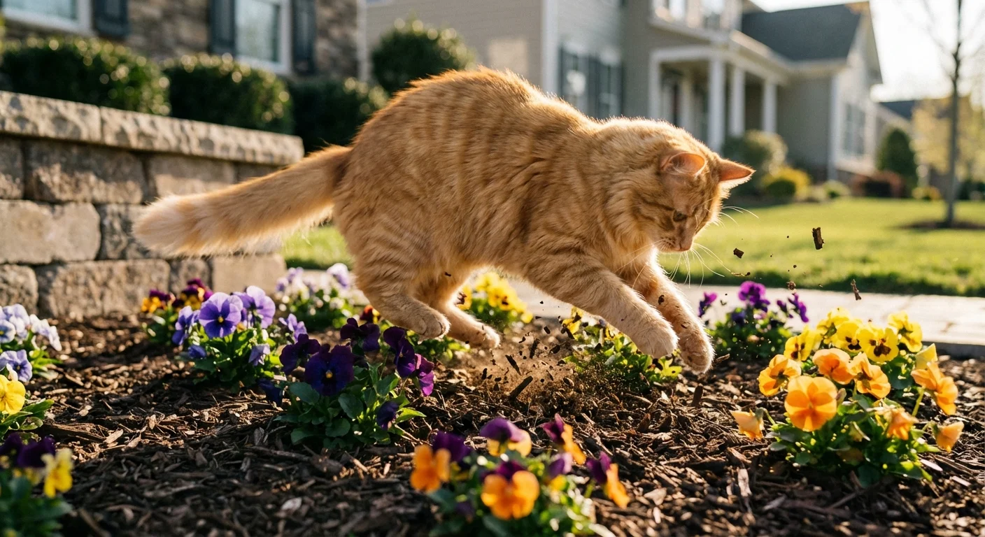 A ginger cat digging in a garden bed with flowers and fresh mulch.