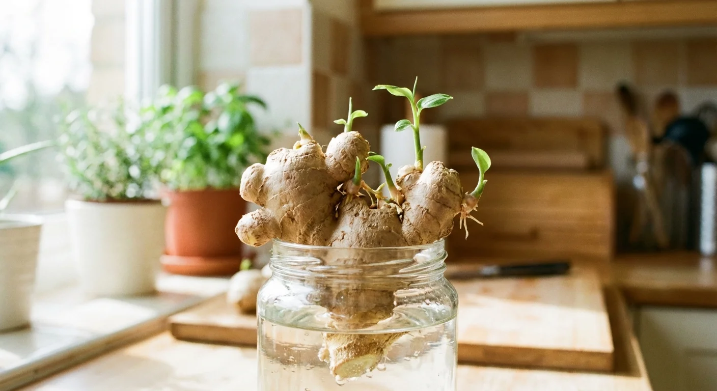 A ginger root sprouting new green growth while submerged in a jar of water.