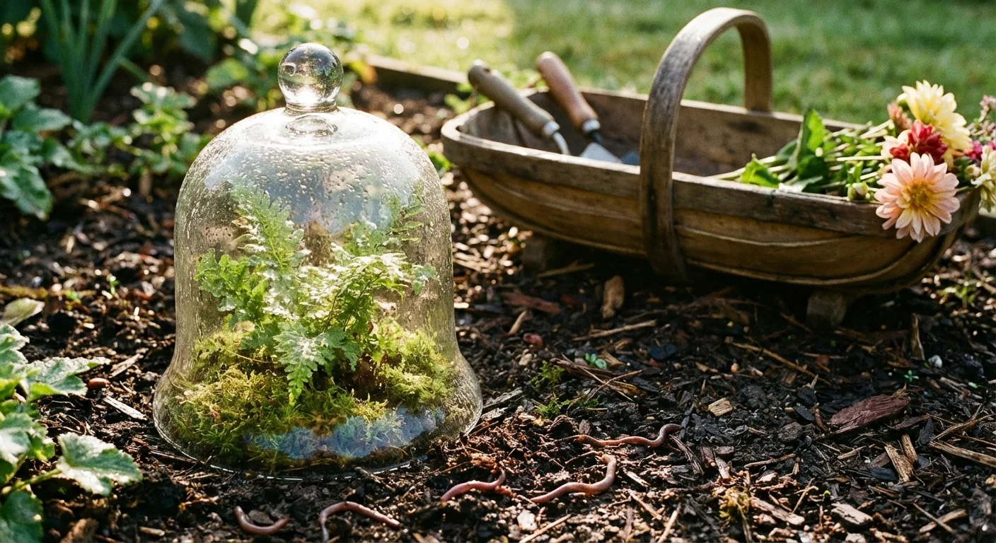 A glass bell cloche protecting a small plant in the garden.