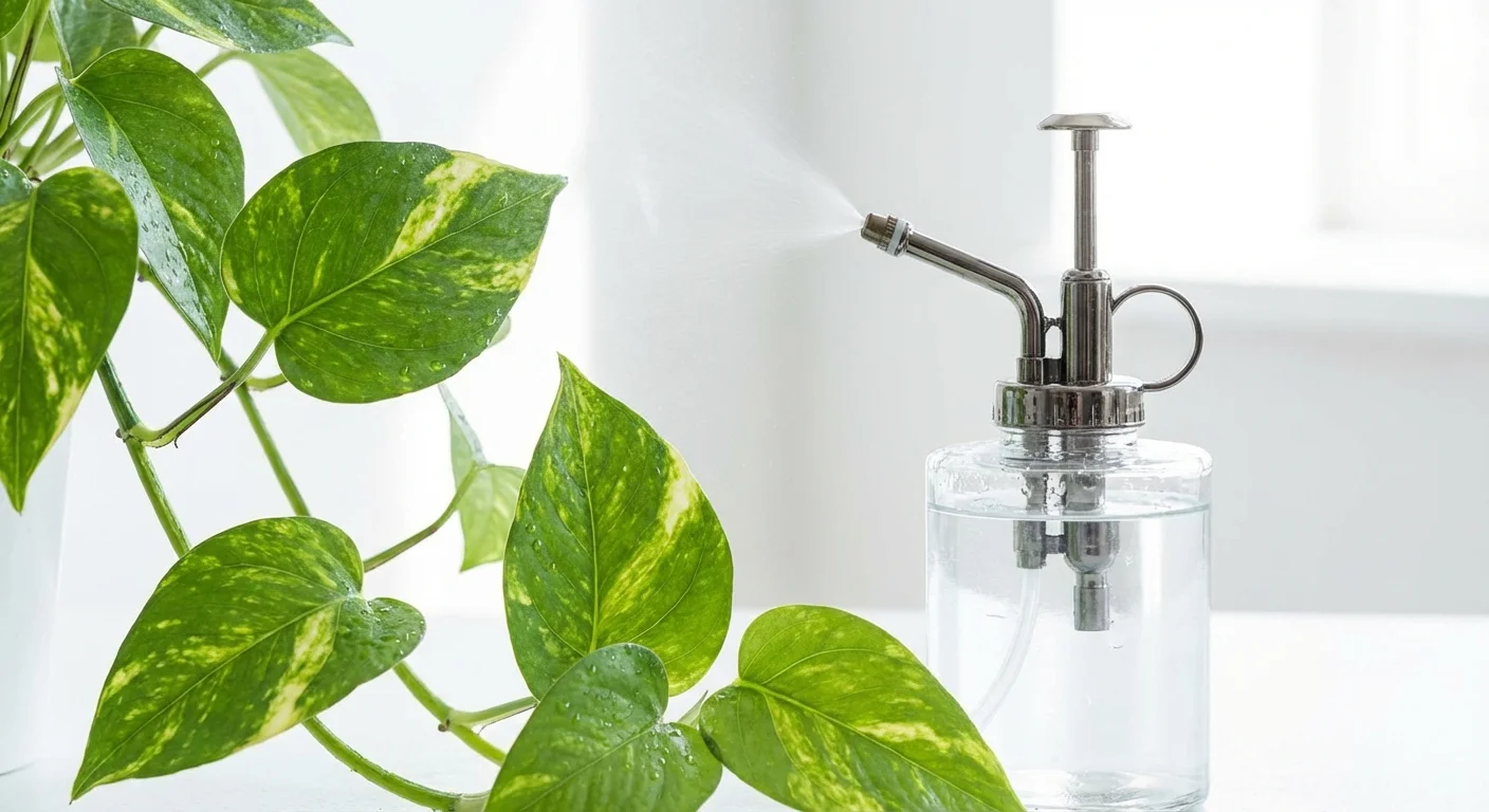 A glass spray bottle applying a fine mist to the leaves of a green houseplant.