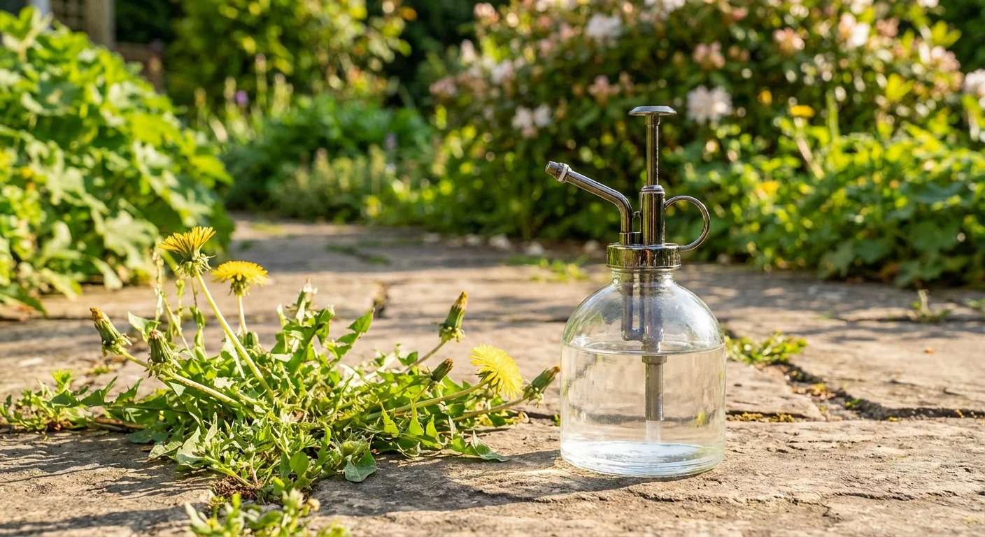 A glass spray bottle with vinegar solution next to garden weeds.