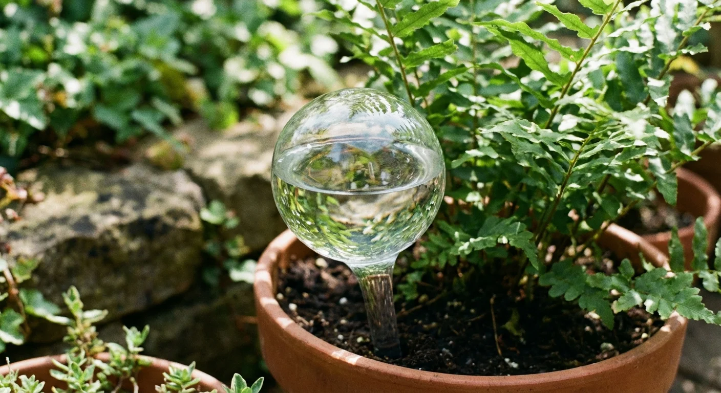 A glass watering globe inserted into a potted plant for slow hydration.
