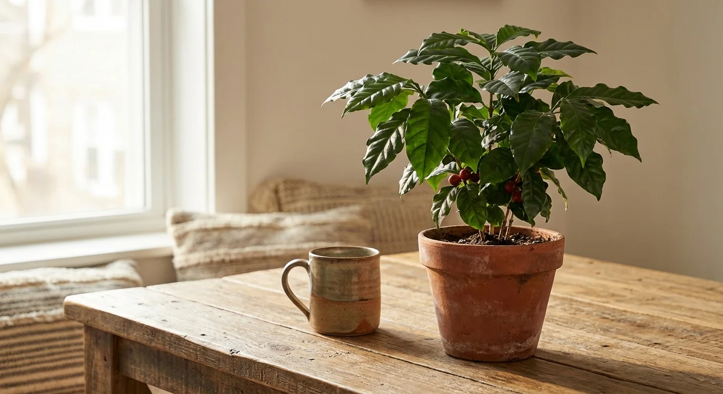 A glossy green coffee plant in a terracotta pot sitting on a wooden kitchen island.