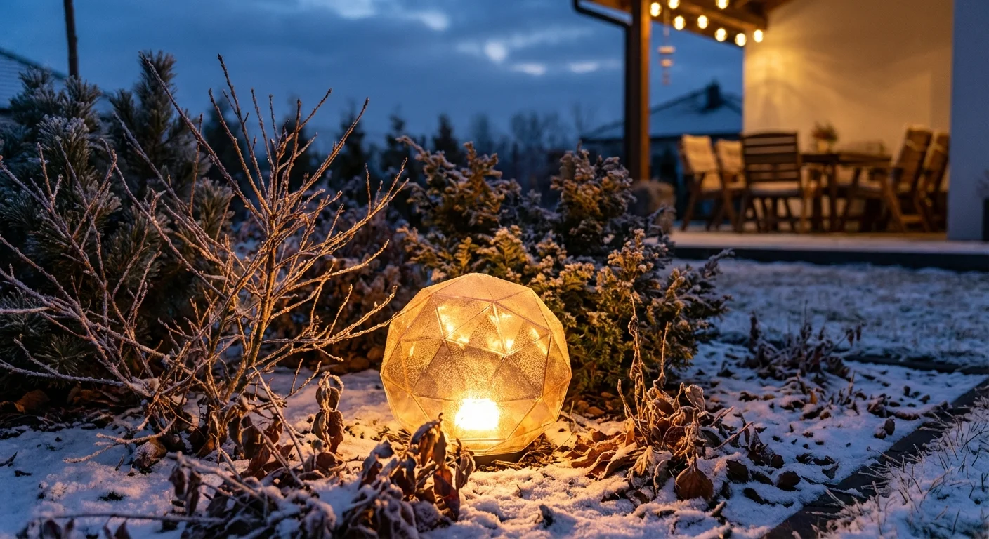 A glowing LED orb ornament placed among frosted garden bushes at night.
