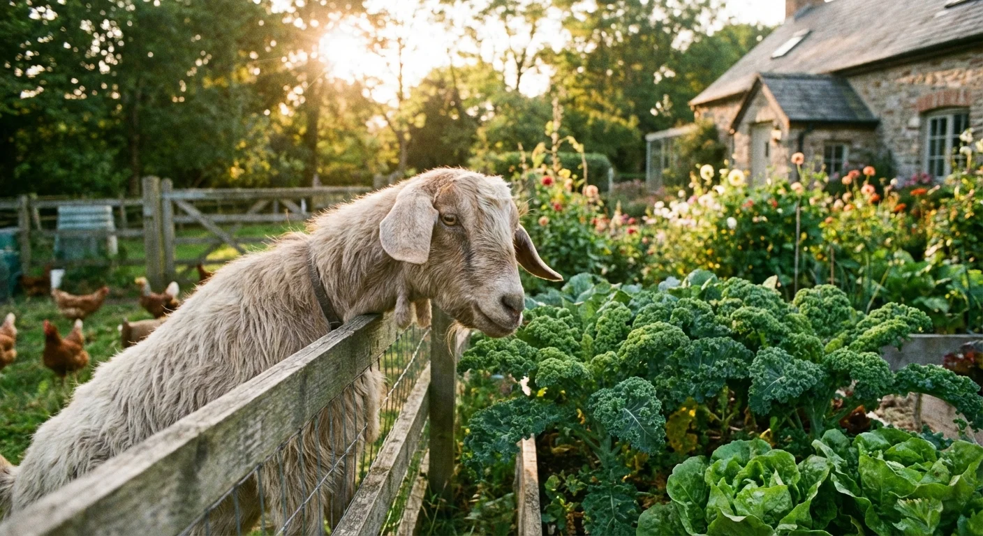 A goat looks over a wooden garden fence in the golden sunlight.