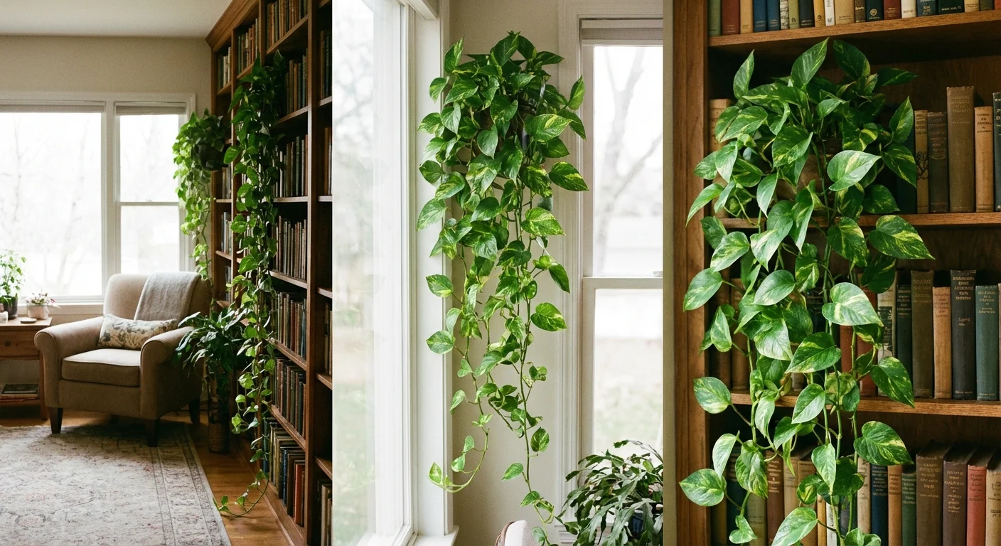 A Golden Pothos plant with heart-shaped leaves trailing down a shelf.