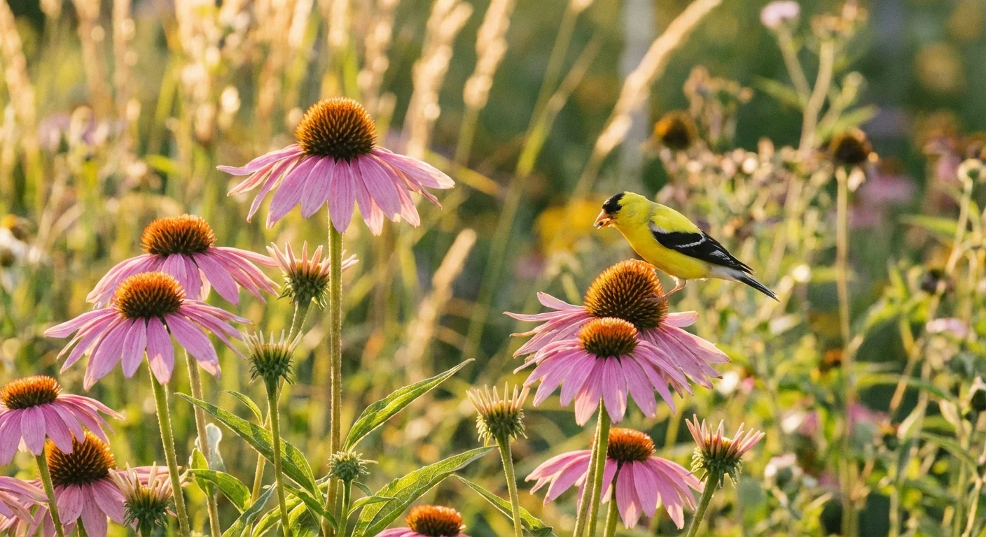 A goldfinch perched on a pink coneflower in a sunny garden.