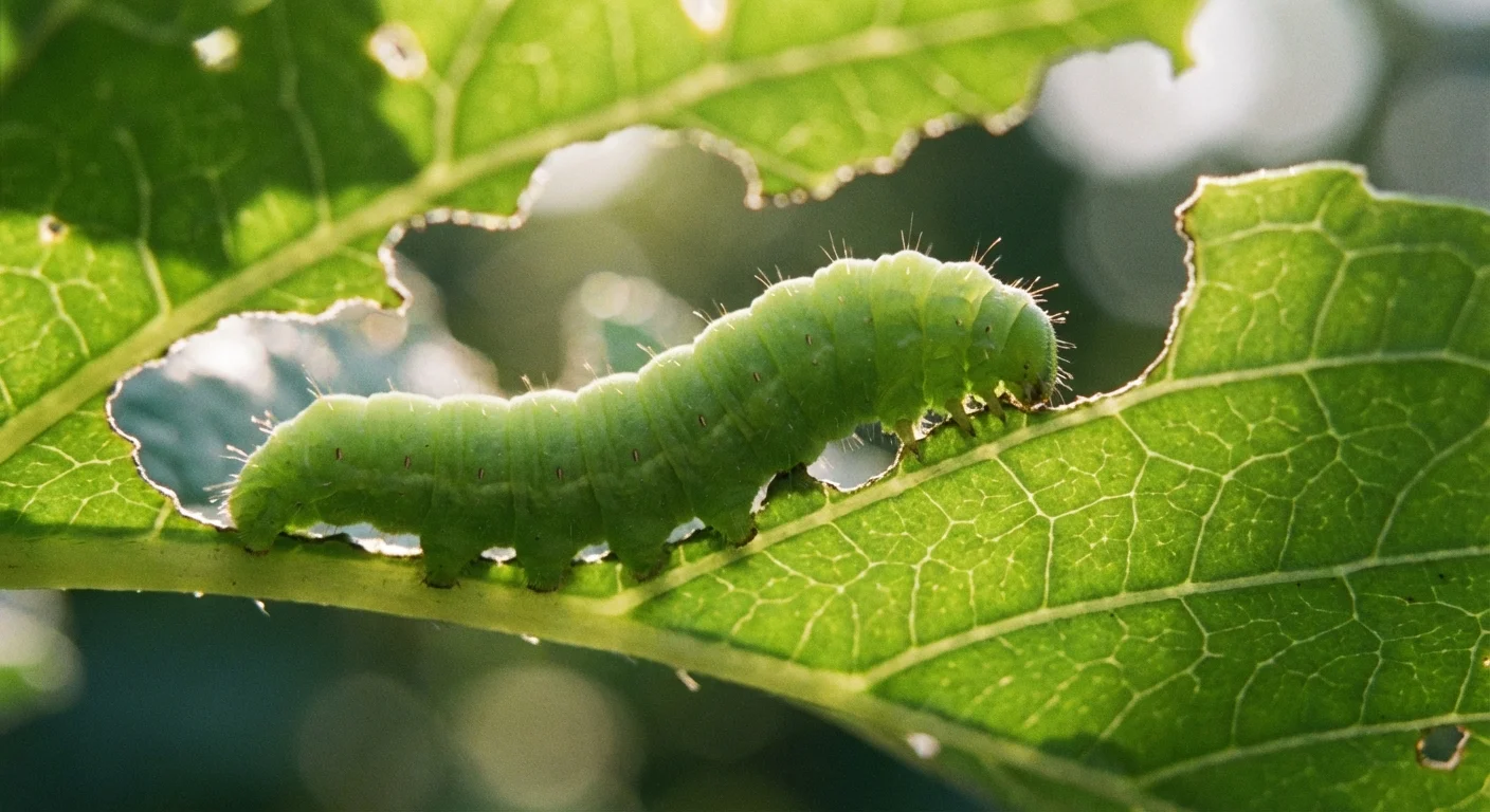 A green caterpillar eating the edge of a leaf in a sunlit garden.