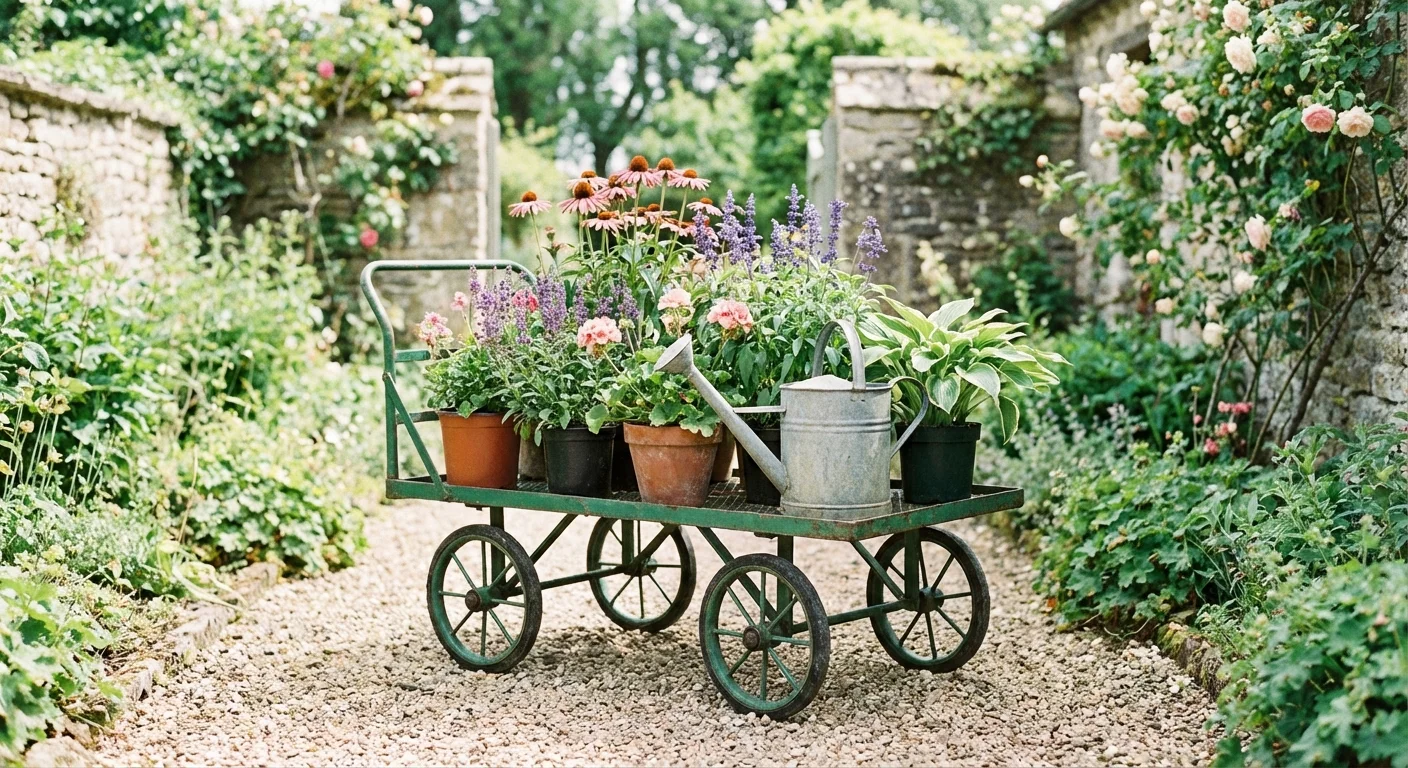 A green metal garden cart filled with flowers and plants on a path.