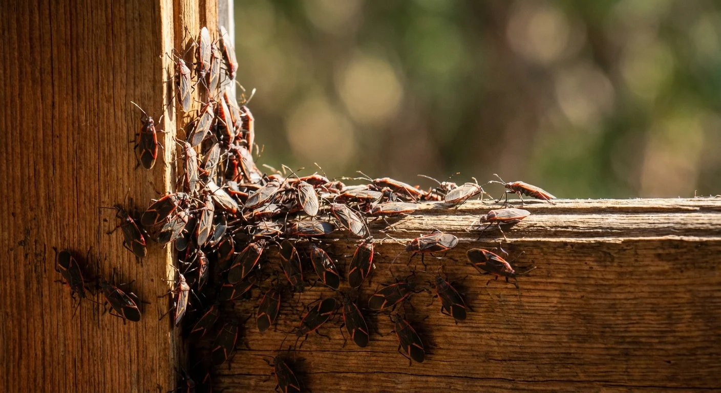 A group of black and red boxelder bugs on a sunlit wooden door frame.