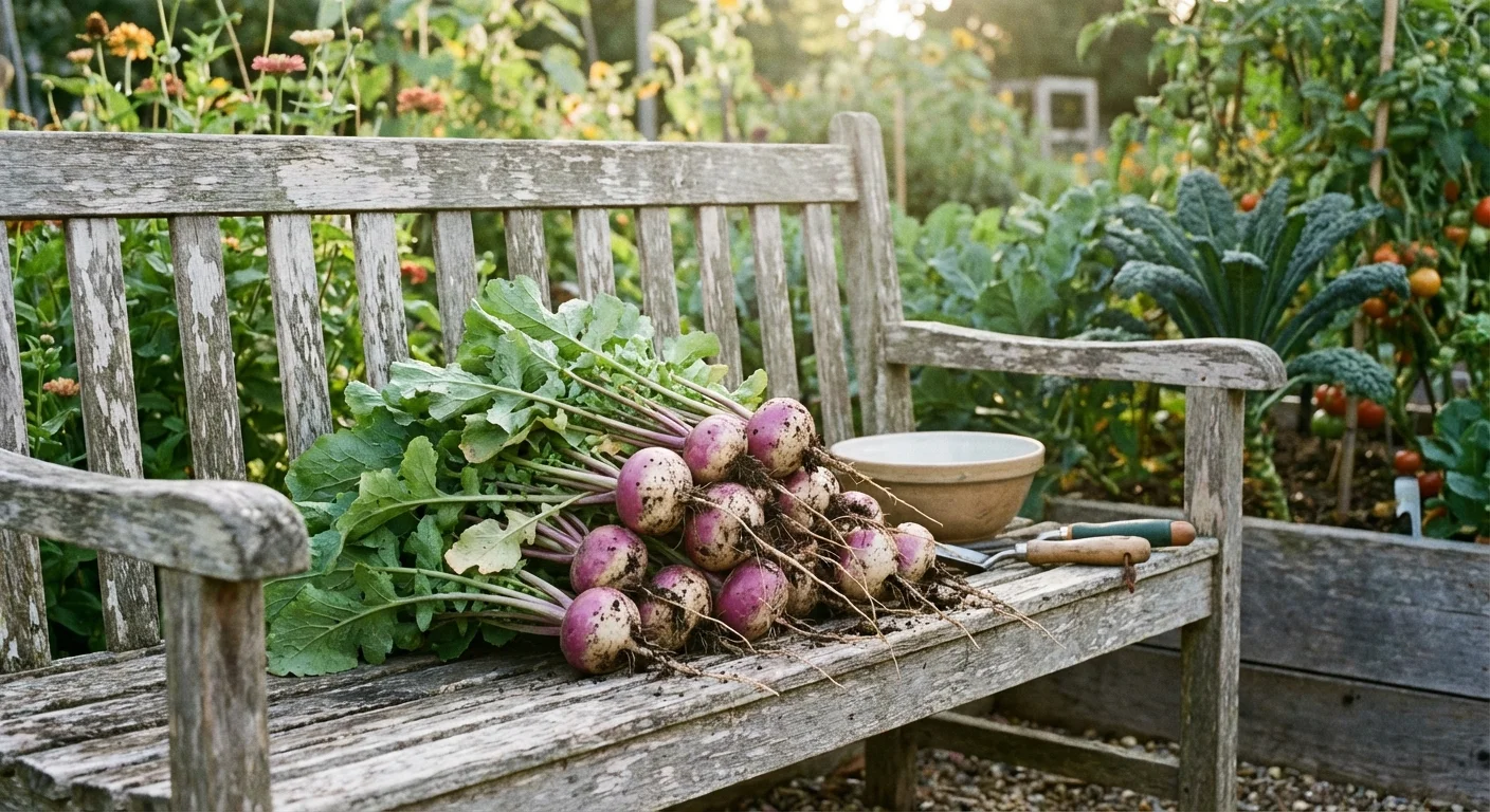 A group of purple and white turnips on a rustic wooden bench.