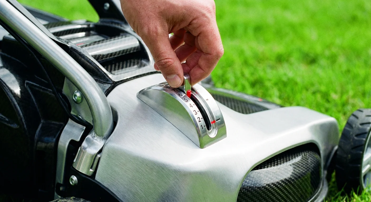 A hand adjusting the height setting lever on a lawnmower.